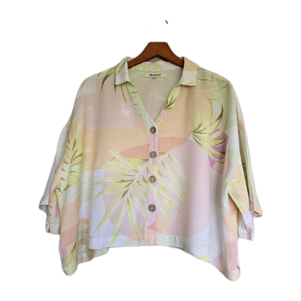 Rip Curl Cabana Floral Linen Blend Camp Shirt - Pastel Tropical - Large Surfing
